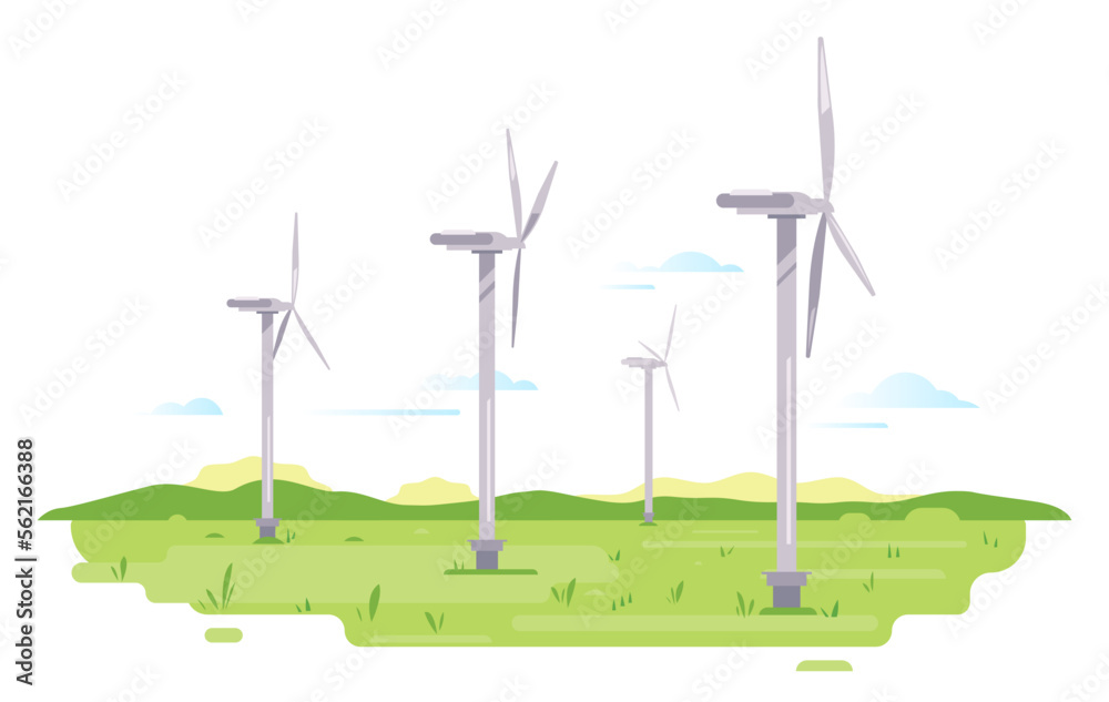 Series of wind generators standing in green field, renewable energy concept illustration in flat style isolated