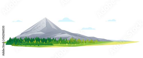 One big high mountain with spruce forest around, nature tourism landscape illustration isolated