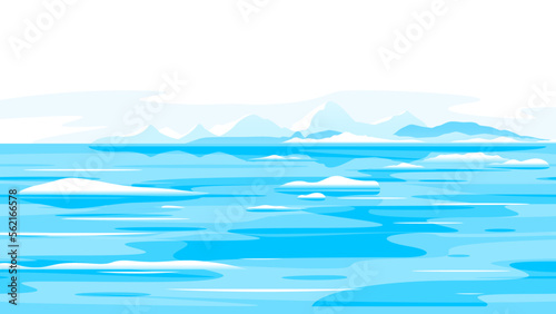 Many small fragments of icebergs in ocean water, melting glaciers nature illustration landscape, global climate change concept, frozen ocean landscape with icebergs