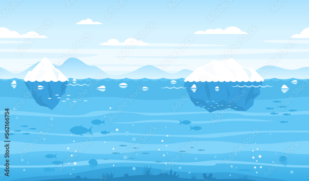 Sea game background with islands and underwater life tileable horizontally