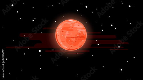 One full red planet Mars in space, space exploration and colonize illustration background in flat style with lines, Martian polar ice cap and glacier, simplify space background in lines stylization