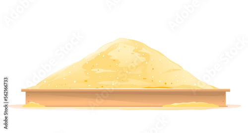 Wooden square sandbox with heap of sand in side view, isolated