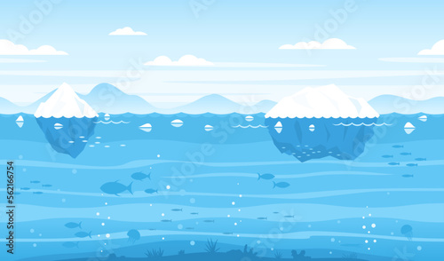 Sea game background with islands and underwater life tileable horizontally