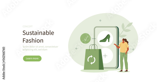 
Sustainable fashion. Character buying shoes made from recycled high quality materials at online marketplace. Conscious consumption to minimize environmental impact. Reduce, reuse, recycle concept.