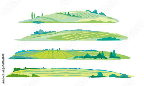 Set of four green agricultural fields, hills and meadows, summer countryside with green hills, rural landscape, agricultural land with crops and vineyards in simple colors stylization isolated