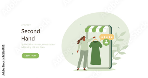 Sustainable eco friendly fashion. Character buying used second hand goods at online flea market or pre owned marketplace. Textile reuse and clothes swapping concept. Vector illustration.