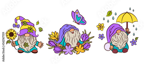 Cute spring gnomes vector line art colored. Happy baby gnome with butterfly. Fun scandinavian elf and sunflower. Cheerful gnome holding yellow umbrella. Spring blooms. For sticker, cut file, print.
