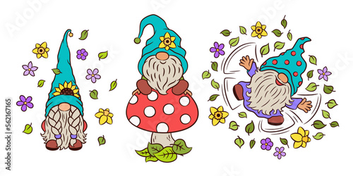 Adorable gnomes vector line art. Happy baby gnome on toadstool. Cute scandinavian drawf sunflower on hat. Cheerful gnome holding in spring blossoms. Flowers bloom. For sticker, cut file, print.