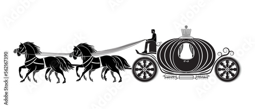 Four wheeled Pumpkin carriage - Coach with four horses drawing in black and white vector
