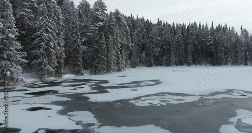 Moving backwards over the thin ice and the unfrozen calm water of the cinematic forest lake. A picturesque winter landscape. Winter muted tones Christmas drone footage