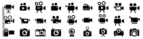 Video camera and Photo icon set. Movie sign. Icons of photography, photo gallery, video camera and photo camera. Camera Icons. Vector illustration.