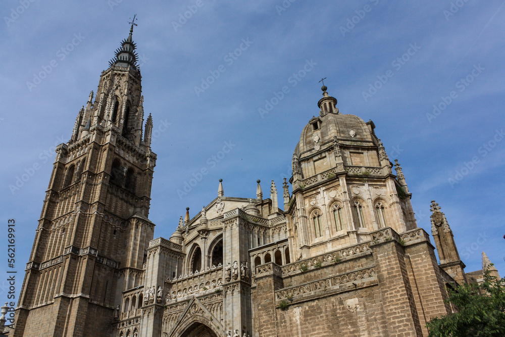 Low angle view of the main facade of the cathedral of Toledo in Spain