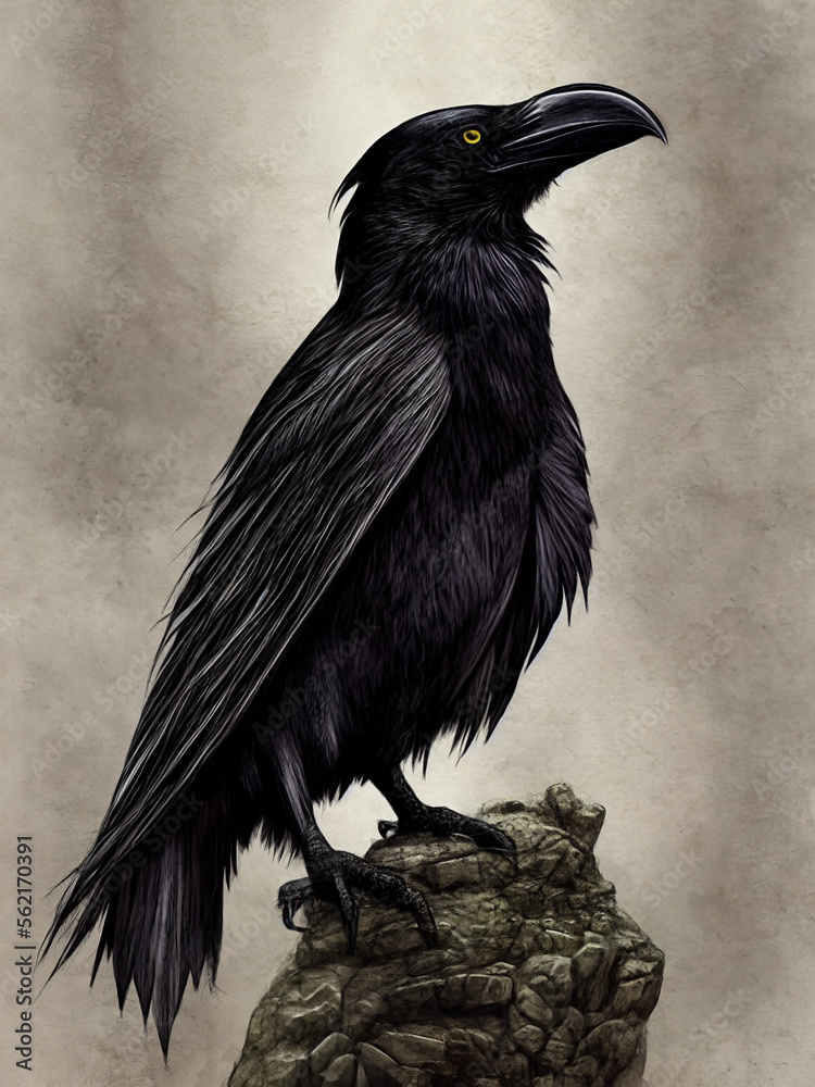 Fototapeta premium A fantasy art painting of a black raven created with Generative AI technology