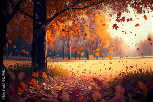 Beautiful autumn landscape with. Colorful foliage in the park. Falling leaves natural background  IA