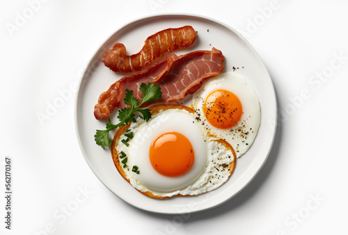 Fried egg, bacon and chicken sausage in white plate, isolated on white background. Generative AI