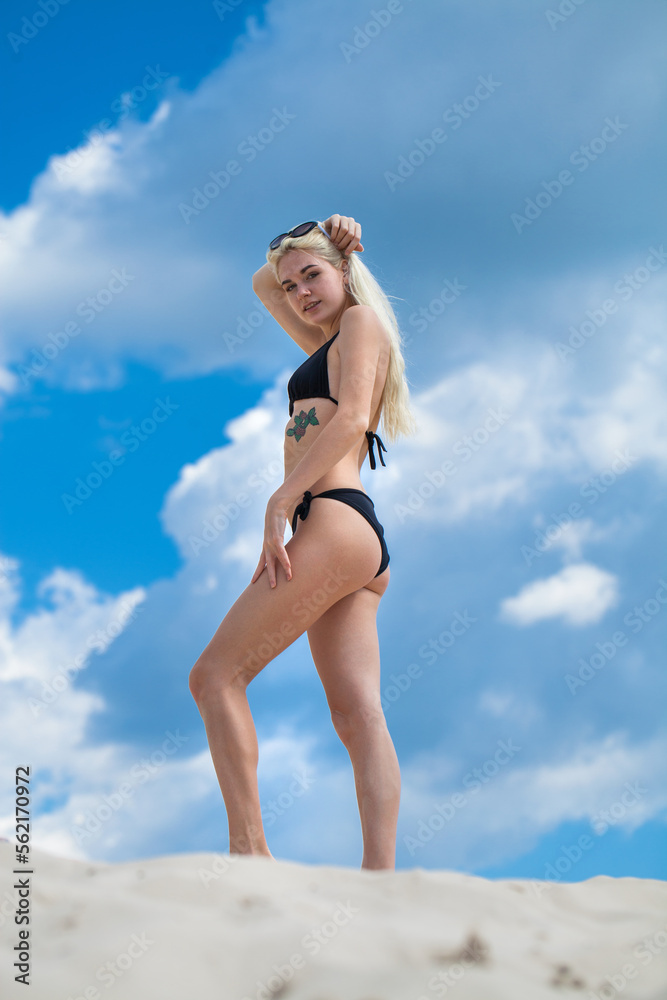 Naklejka premium Young beautiful woman in black bikini posing on a sand pit background