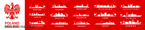 Set of polish skylines. Collection of big cities in Poland, eastern europe, Szczecin, Krakow, Wroclaw, Lublin, Olsztyn, Warsaw, Bydgoszcz, Poznan, Gdansk, Bialystok, Lodz