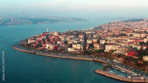Aerial Drone View of Istanbul Uskudar Seaside. Bosphorus Bridge in Istanbul at sunset. photo