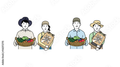 シンプルな農家のイラスト、野菜と米を持つ若い夫婦と年配の夫婦、ベクター