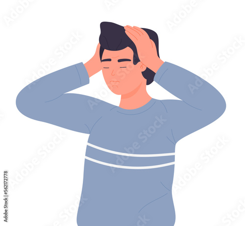 Sick adult with headache. Man suffering from migraine, boy feeling unwell vector illustration