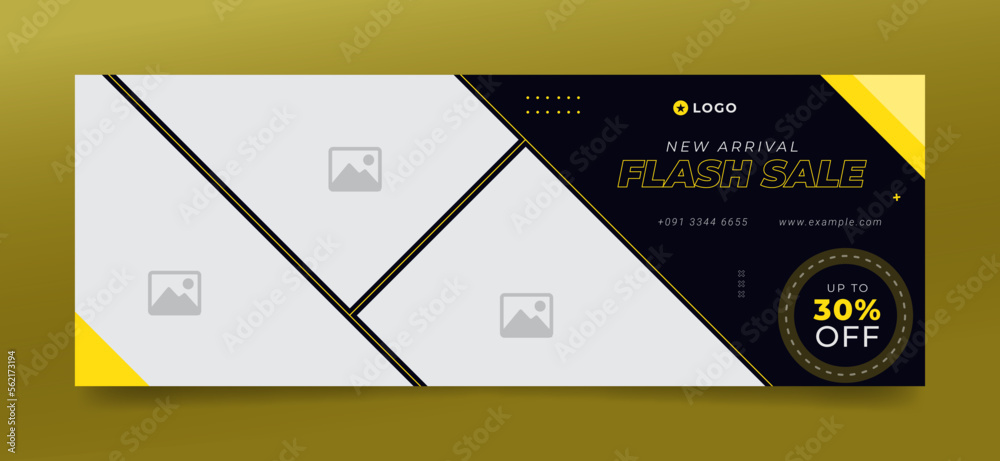 Flash sale facebook cover page timeline web ad banner template with photo place modern layout black background and yellow shape and text design - obrazy, fototapety, plakaty 