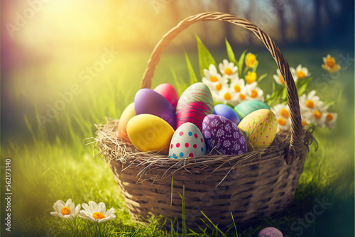 Basket of Easter Eggs On Sunny Meadow background AI
