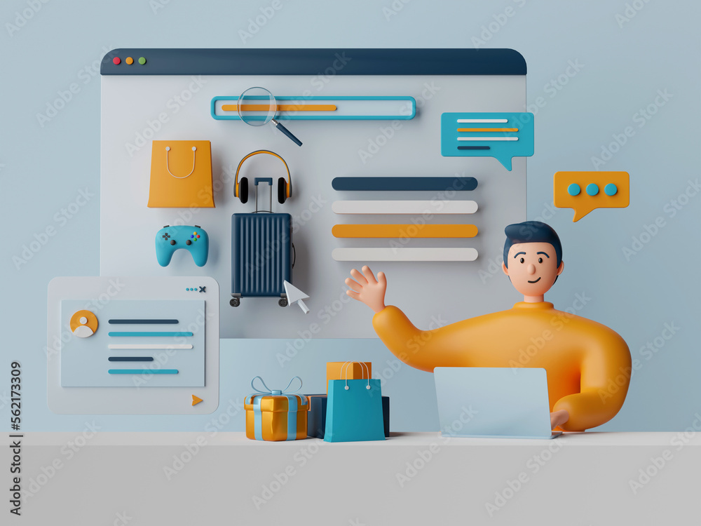Obraz premium 3d illustration of cartoon character searching product on website for shopping, shopping online concept.