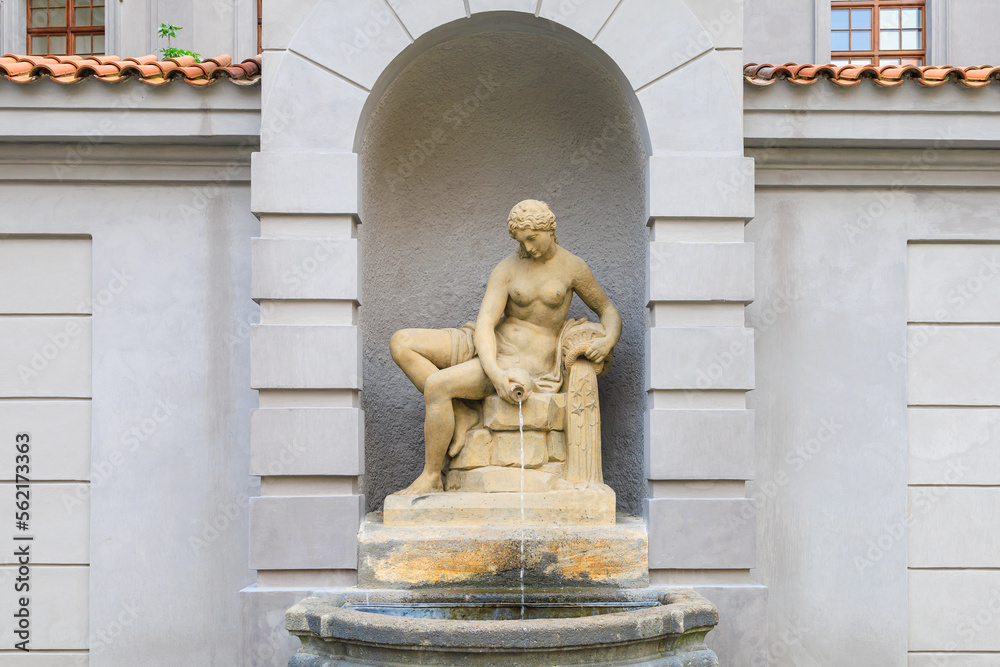 Ancient fountains with sculptures in the architecture of the city. Historical and cultural heritage Background