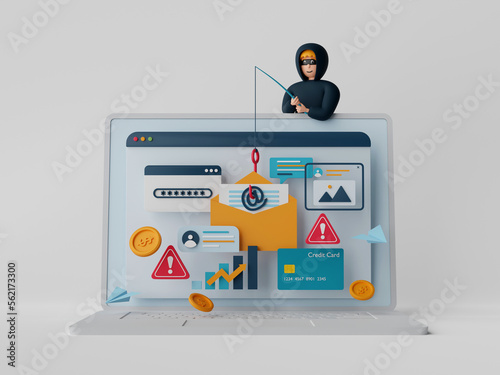 3d illustration of Data phishing concept, Hacker and Cyber criminals phishing stealing private personal data, password, email and credit card. Online scam, malware and password phishing.