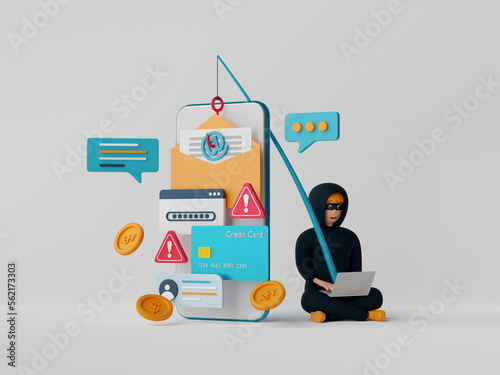 3d illustration of Data phishing concept, Hacker and Cyber criminals phishing stealing private personal data, password, email and credit card. Online scam, malware and password phishing.