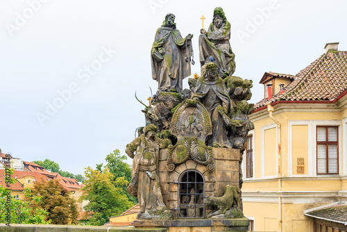 Ancient medieval sculptures on the Charles Bridge. Background with selective focus