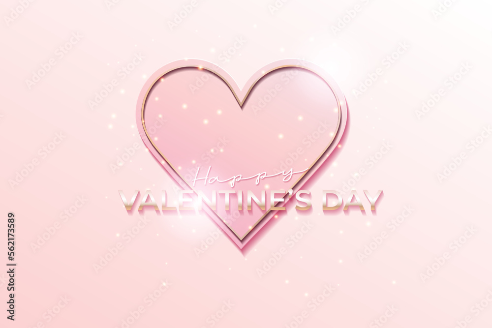 Valentines day background with pink heart and gold frame and sparkling.