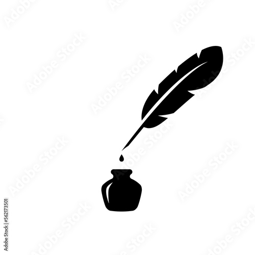 Black feather and bottle of ink. Vintage calligraphic writing and drafting pen with classic retro design and literary vector silhouette