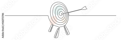 Target with arrow continuous line drawing. Hand drawn linear goal circle with pastel shapes. Vector illustration isolated on white.