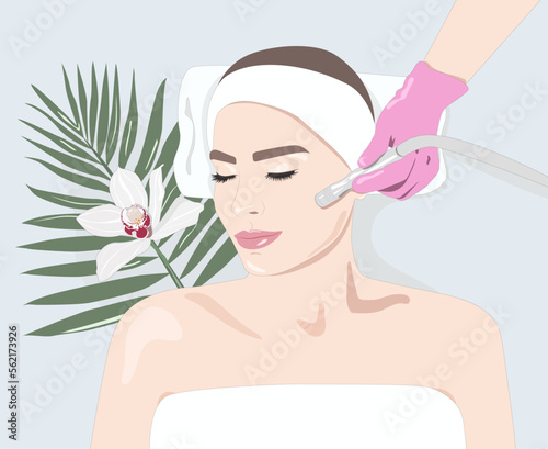 the cosmetologist makes the procedure Microdermabrasion of the face skin of a beautiful girl in a beauty salon.Cosmetology and professional skin care. illustration