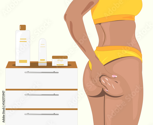 The girl stretches the skin on her leg, shows fat deposits and cellulite. The concept of weight loss and healthy lifestyle