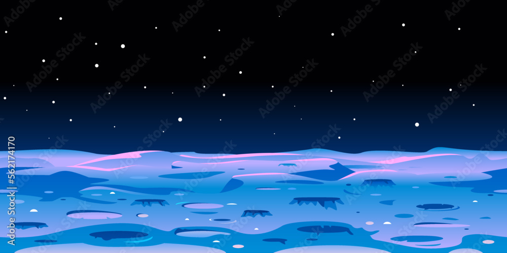 Cartoon Moon landscape with craters on space with stars, game background tileable horizontally, fantastic planet blue surface illustration