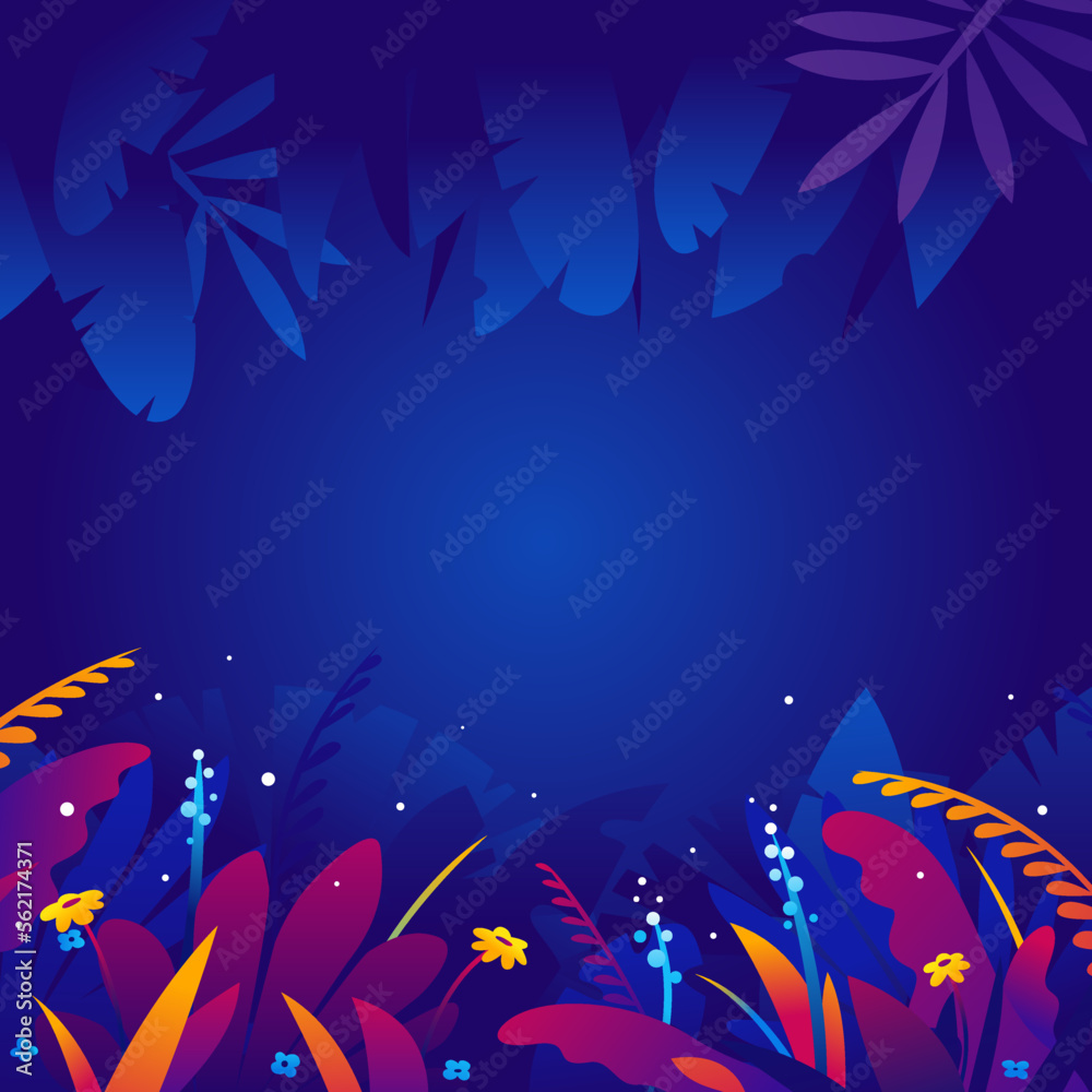 Exotic tropical plants and flowers in jungle night in violet saturated colors, square banner with tropical plants on dark background