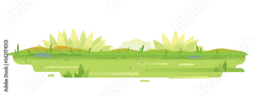 Green lawn with grass and plants in flat style isolated, composition of plants on the sunny lawn
