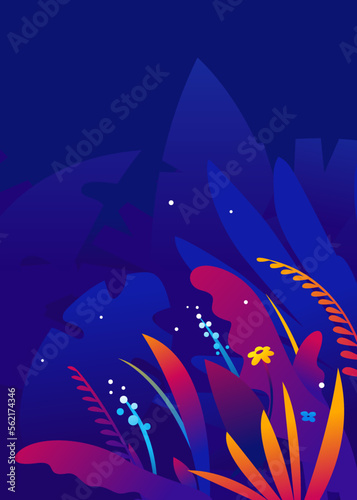 Exotic tropical plants and flowers in jungle night in violet saturated colors, vertical banner with tropical plants on dark background, wallpaper with jungle leaves and flowers