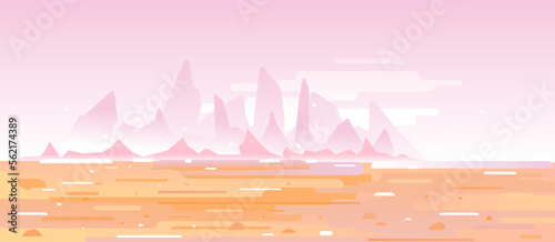 Fantastic planet surface with high sharp mountains far from the pink sky in desert, futuristic surrealism landscape background in flat style with simple lines