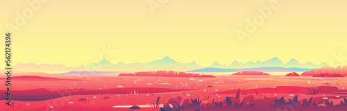 Fantastic planet surface panorama landscape background on a sunny day with red ground and plants, sand hills with stones on a deserted planet, landscape of dangerous planet