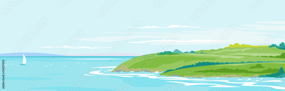 Panorama of the seaside from the coastal hills overgrown with vegetation, hills and meadows near the sea coast, summer countryside with green hills, rural landscape background
