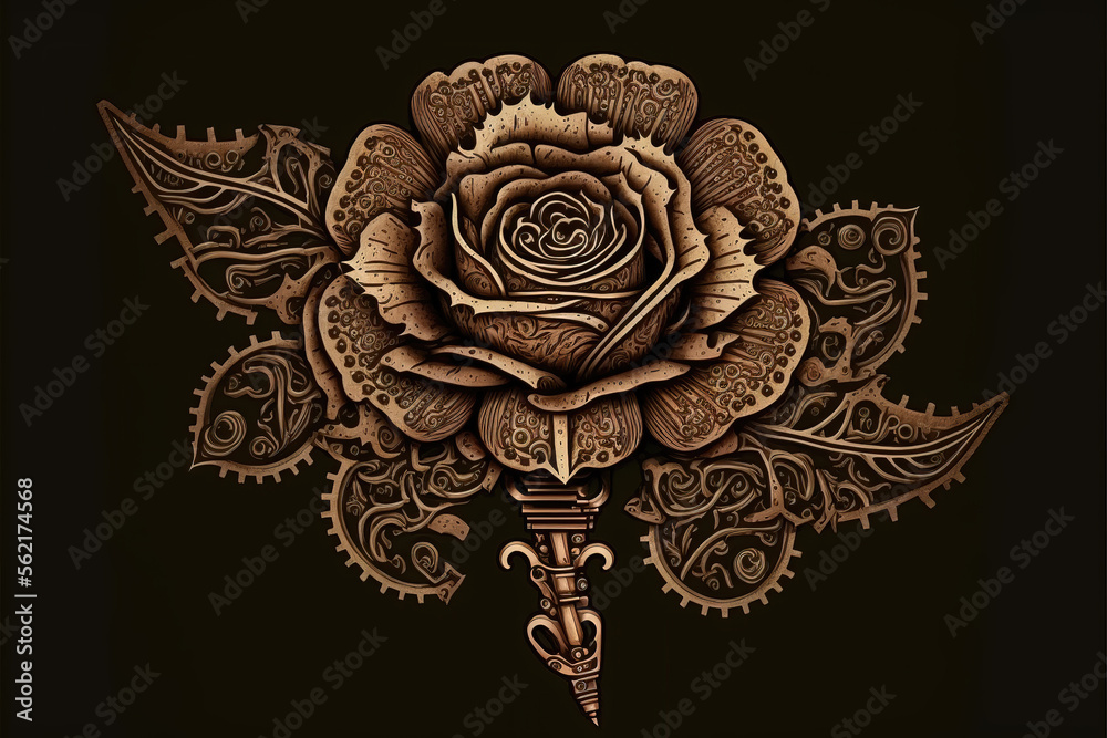 a texture styled rose with leaves and gear, black background in steampunk  style, generative ai technology Stock Illustration | Adobe Stock