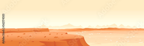 View from the edge of the rock to the valley of Mars with mountain peaks and hills, sand hills with stones on a deserted planet, space colonization panorama, landscape of Mars planet