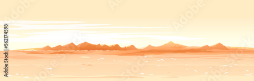 Martian orange surface panorama landscape background on a sunny day, sand hills with stones on a deserted planet, landscape of Mars planet