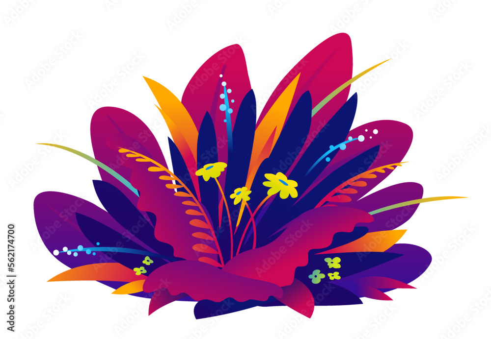 Fototapeta premium Different exotic violet plants on ground with grass and flowers isolated, decoration of tropical plants assorted together, great bush of fantastic plants