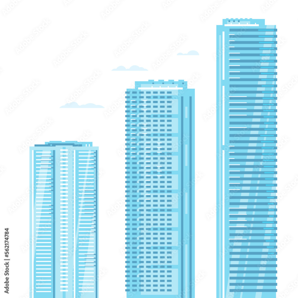 Set of three high blue skyscrapers in flat style isolated, modern architectural buildings Set of three high blue skyscrapers in flat style isolated, modern architectural buildings