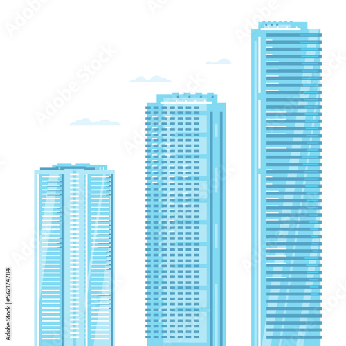 Set of three high blue skyscrapers in flat style isolated, modern architectural buildings