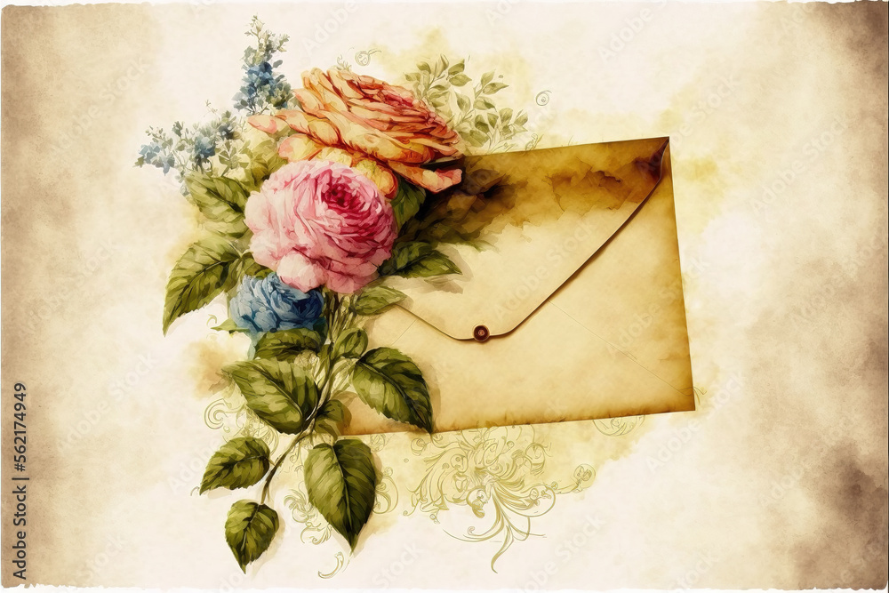 a closed love letter with roses and leaves, classic watercolor art, generative ai technology a closed love letter with roses and leaves, classic watercolor art, generative ai technology